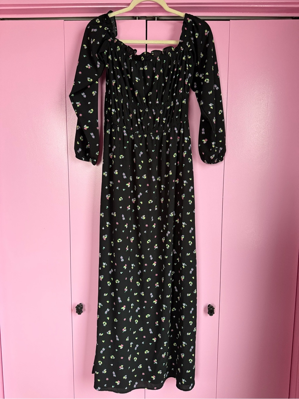 H&M Divided Black Floral Off Shoulder Maxi Dress with Pink Green Blue Size M